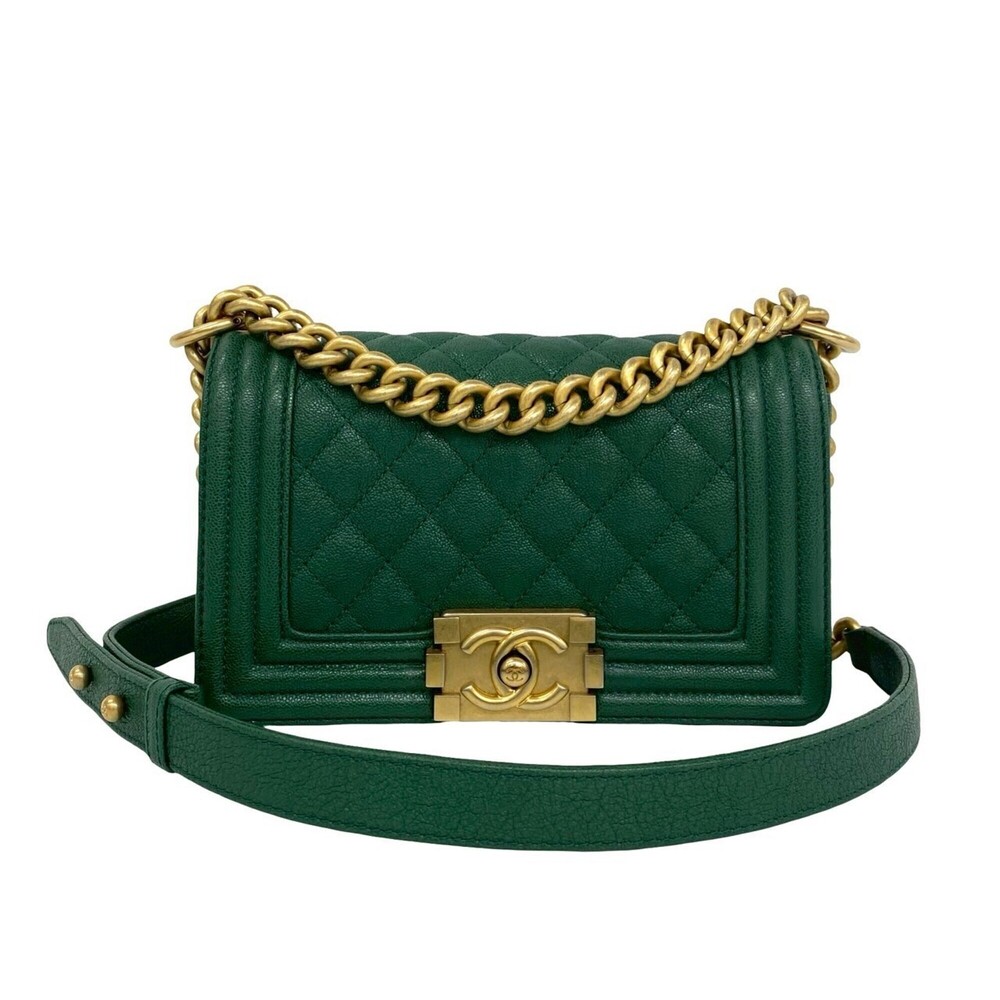 CHANEL Boy Chanel Coco Mark Caviar Skin Shoulder Bag Green 703-6